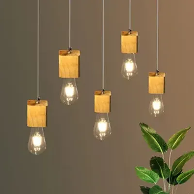 Zdjęcie produktu dla ZMH lampa wisząca 5 płomieni drewniana lampa stołowa 150cm regulowana wysokość lampa wisząca z gniazdem E27 do jadalni kuchnia salon restauracja kawiarnia