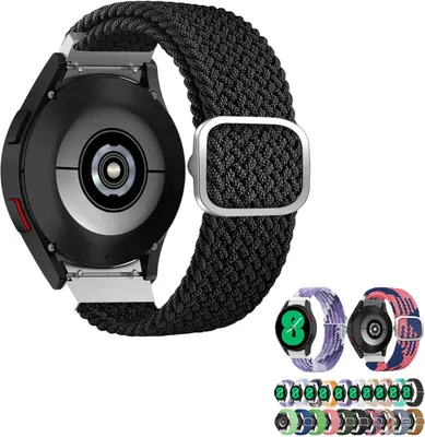 A smartwatch with a black woven nylon band is shown from the back, with several other watch bands and watches in different colors displayed below.