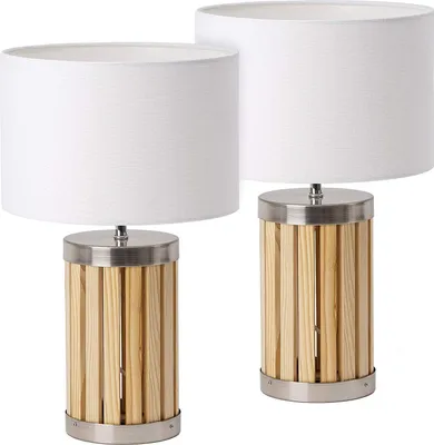 Image de BRUBAKER Lot de 2 Lampes de table ou de chevet - Hauteur 41 cm - Pied bois/métal - Abat-jour textile Beige