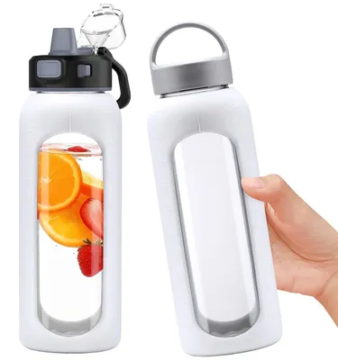 Zdjęcie produktu dla Szklana butelka na wodę 900 ml z 2 zakrętkami i oznaczeniem czasu