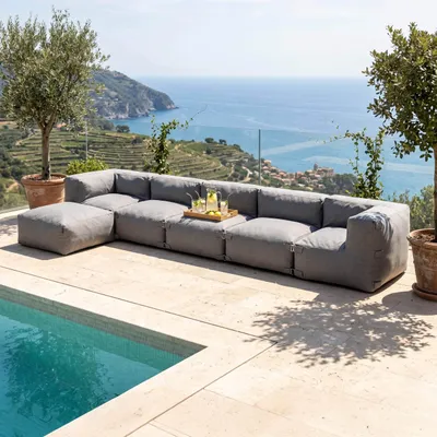 Produktbild von Modulares Ecksofa mit 3 Sesseln 2 Ecken und 1 grauem Hocker - Oviala Mixi