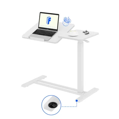 A white adjustable height desk with a laptop, a plant, and a cup of coffee on it, shown against a white background.