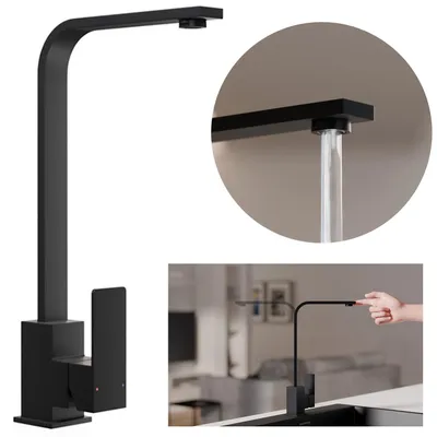 A collage of images showing a black kitchen faucet, a close-up of water flowing from the faucet, and a hand interacting with the faucet.