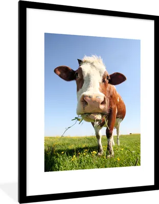 Produktbild von MuchoWow® Gerahmtes Poster Kuh - Tiere - Blumen - Gras 60x80 cm - Poster mit Schwarzem Bilderrahmen Wandposter Rahmen Foto Bilder - Wohnzimmer - Dekorationen - Prämie