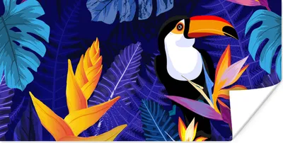 Produktbild von MuchoWow® Poster Dschungel - Tukan - Blumen - Pflanzen - Kinder - Lila - Tiere 120x60 cm - Bild