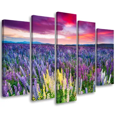 Produktbild von 5-teiliges leinwandbild lila blumen wiese 100x70 cm Feeby lila wandbild bereit zum aufhängen