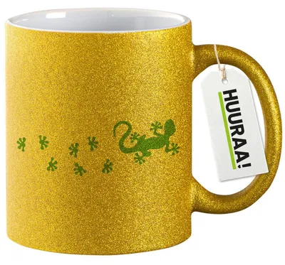 Produktbild von Huuraa Glitzertasse Gecko Tapsen 330ml Gold Keramik Kaffeebecher Geschenkidee