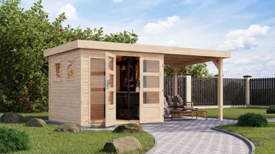 Produktbild von Karibu Gartenhaus Gerätehaus Lahar 3,5  im Set mit Anbaudach 2,40  m Breite naturbelassen 463x246x211 cm
