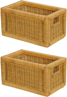 Produktbild von KRINES HOME Stabiles Set 2 Regalkorb mit Holzrahmen aus echtem Rattan / Schübe mit Griff 20x32x17cm Schubfach Regal Korb