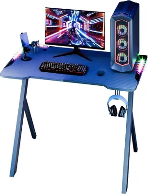 Image de Bureau de jeu avec éclairage LED, 99,1 cm, surface en fibre de carbone, bureau d'ordinateur de jeu RGB, pieds en forme de X, espace de travail pour PC, bureau avec support pour casque, noir