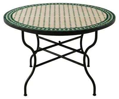 Produktbild von Marokkanischer Mosaiktisch Marrakesch Beige Grün 120cm, Ø120cm, Höhe 75cm, klappbarer Gartentisch aus Schmiedeeisen, handgefertigter Bistrotisch mit beige-grünem geometrischem Muster, orientalischer B