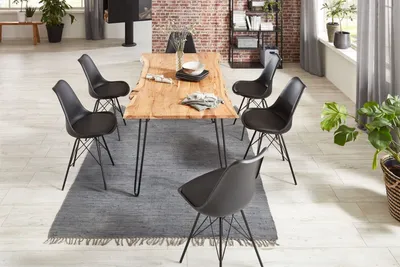 Produktbild von 7tlg. Essgruppe Hannah 220 x 100 cm, Akazienholz massiv, naturfarben, Baumkantentisch mit Hairpin-Gestell in Schwarz + 6X Schalenstuhl Lerche in Schwarz