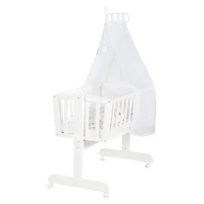 Zdjęcie produktu dla Gondola Fox & Bunny 40 x 90 cm wykonana z drewna - gondola i kołyska - zestaw łóżeczka z funkcją blokady i tekstylnym wyposażeniem - biały / jasnoszary