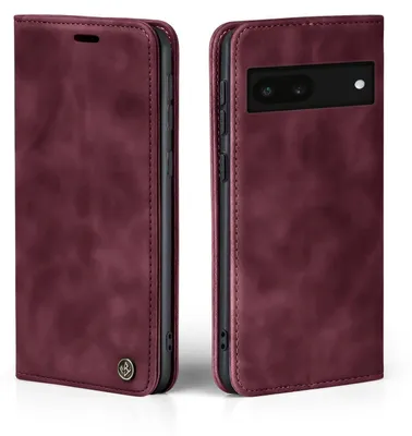 A burgundy flip-style phone case for a Google Pixel 6a is shown from two angles.
