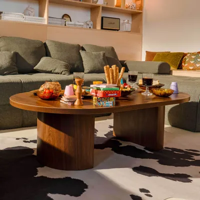 Produktbild von 120 cm moderner ovaler Couchtisch mit dunkler Holzoptik - Oviala Trinity