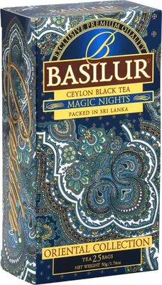 Obrázek produktu pro BASILUR Černý čaj Ceylon s přirozenými aroma jahod, meruňek, ananasu a papáji, vše v praktických jednotlivých sáčcích. Balení obsahuje 25 sáčků, celková hmotnost 50 g