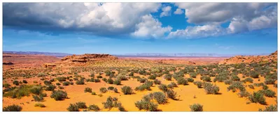 Produktbild von Wallario Wandbild aus Acryl, 200 x 80 cm, freischwebende Optik - Wüste in Arizona - blauer Himmel mit Wolken I
