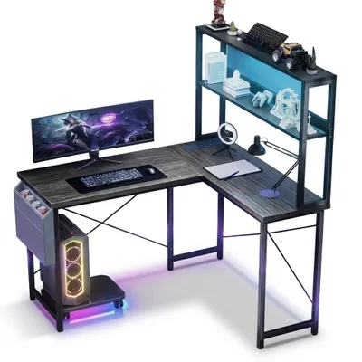 Obrázek produktu pro AIORBER L-tvarový herní stůl 148 cm s LED osvětlením, USB porty, rohový počítačový stůl, kancelářský stůl s policí a úložným prostorem, šedý