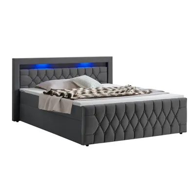 Produktbild von Juskys Boxspringbett Leona Samt 180x200 cm in Grau – mit LEDs, Topper & Federkern-Matratzen