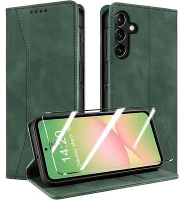 Produktbild von Handyhülle für Samsung Galaxy A56 / A36 5G mit Panzerglas, Kunstleder Flip Case, RFID-Blockierung, Grasgrün