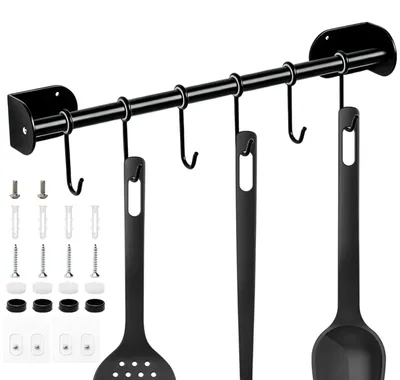 Image de Barre de suspension pour cuisine - 40 cm, tige noire avec 6 crochets amovibles