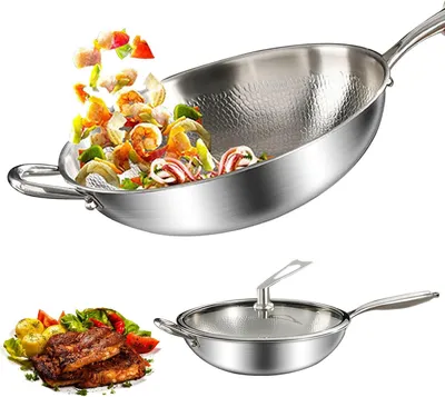 Produktbild von Wokpfanne 30 cm, mit Deckel, Edelstahl, Induktion, backofenfest bis 400 °C, unbeschichtet, zum Kochen