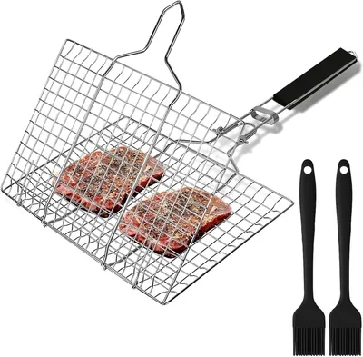 Produktbild von Grillkorb mit Klemme - Grillrost - Gemüse Grillkorb - mit 2 Silikonbürsten - Faltbarer Grillkorb - für den Gasgrill und andere Grill Arten