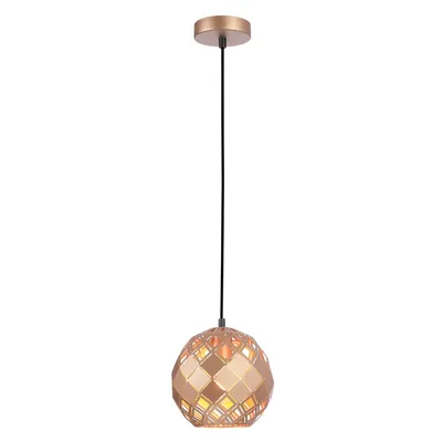 A pendant light with a geometric, spherical shade.