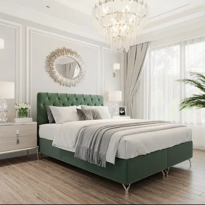 Image de Lit Boxspring GracePLUS 180x200 Vert Lit double Lit avec matelas Bonell Topper et coffre de lit Glamour Lit rembourré avec pieds argentés de 12 cm Chambre à coucher moderne Vintage Lit de chambre à coucher