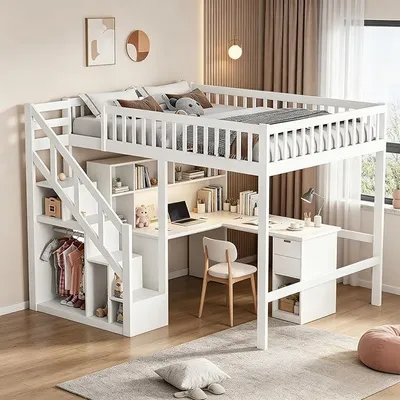 Productafbeelding van Stapelbed 140x200, massief houten kinderbed met veiligheidstrap en opbergkast, ruimtebesparend tienerbed met lattenbodem, multifunctioneel speelbed voor kinderkamers, wit (140x200 cm)