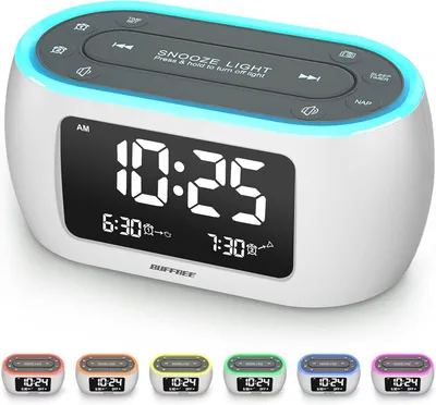 Obrázok produktu pre Budík s dvojitým budením a FM rádiom, digitálny budík s 7-farebným nočným osvetlením a displejom s nastaviteľnou jasnosťou 0–100 %, 3 budiace tóny, do spálne a na nočný stolík
