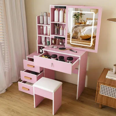 Produktbild von STILVORA Schminktisch mit Spiegel und 3-farbig verstellbarer Beleuchtung, Schminktisch-Set mit Hocker und beleuchtetem Spiegel, Frisiertisch mit 4 Schubladen Rosa