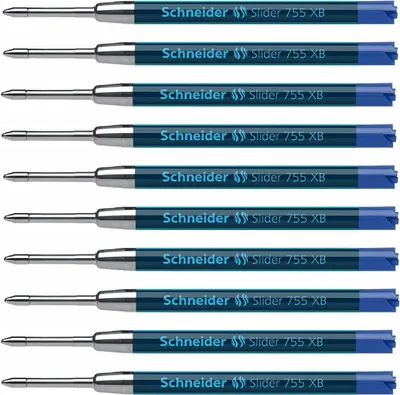 A stack of ten blue ink pen refills, each labeled with the brand and model name.