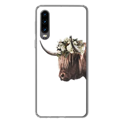 Produktbild von MuchoWow® Handyhülle Schutzhülle Hülle für Huawei P30 Schottischer Highlander - Kuh - Rosen Silikon Softcase Handy Hülle - Kartenbesitzer