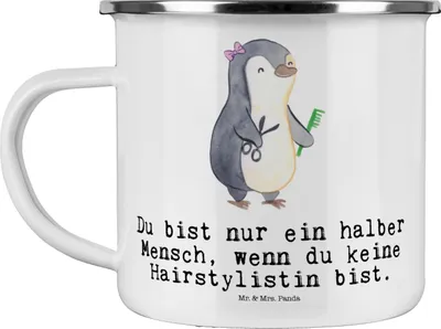 Produktbild von Mr. & Mrs. Panda Teetasse Hairstylistin Herz - Weiß - Geschenk, Emaille Tasse, Lustig, becher, Spruch, Friseursalon, Teebecher, Beruf, Pott, Blechtasse, Frisörin