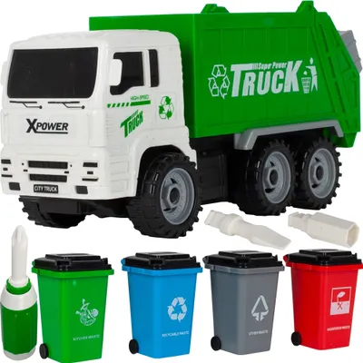 Produktbild von MalPlay Müllwagen mit 4 bunten Mülltonnen | Recycling | Kommunalfahrzeug | Lernspielzeug | Spielfahrzeug für Kinder ab 3 Jahren