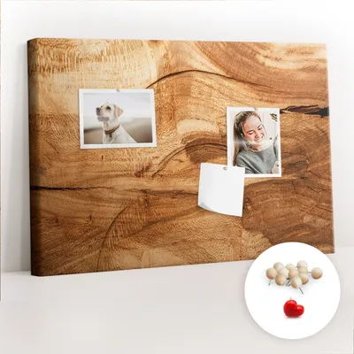 Immagine prodotto di Pannello forato in sughero con puntine - Bacheca con puntine per foto e appunti - 60x40 cm - Spille di legno, 100 pezzi - Texture in legno