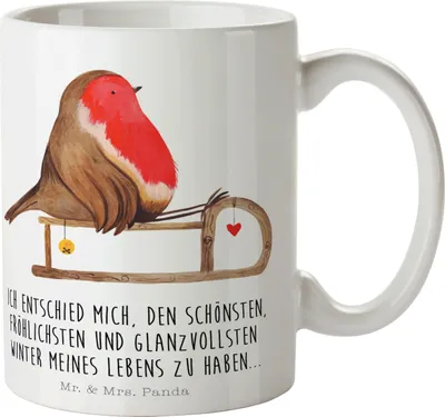 Produktbild von Mr. & Mrs. Panda Tasse Rotkehlchen Schlitten - Weiß - Geschenk, Wintermotiv, Becher, Vogel, Kaffeetasse, Weihnachten, schöne, Teetasse, Kaffeebecher