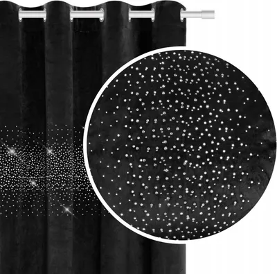 A close-up view of a black velvet curtain with scattered silver crystals, showing the texture and sparkle.