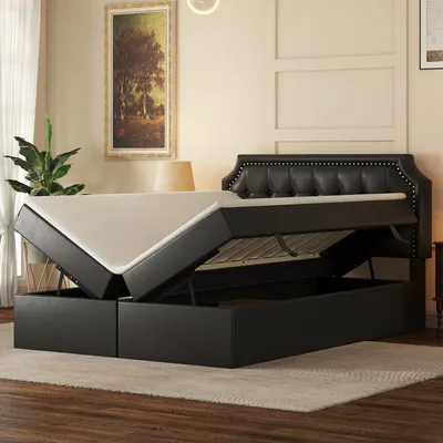 Obrázok produktu pre Flieks čalúnená posteľ 140x200 cm s úložným priestorom, posteľ s pružinovým boxom a roštovým rámom, úložná posteľ manželská funkčná posteľ, PU, čierna