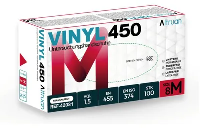 Produktbild von Altruan Vinyl 450 Handschuhe, Einmalhandschuhe, transparent - 100 Stück - Größe M | Packung (100 Stück)