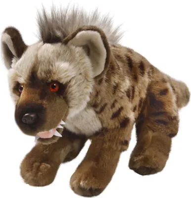 A stuffed hyena toy is shown against a white background.