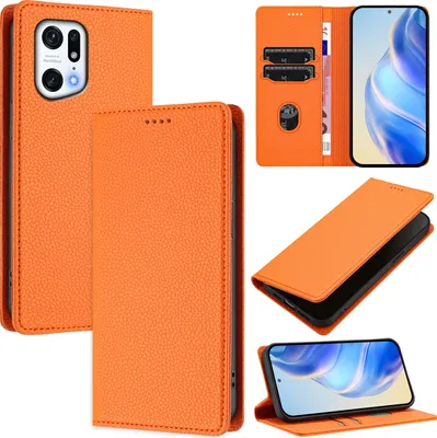 Produktbild von Litchi Leder Handyhülle für Oppo Find X5 Pro Wallet Kartenfächer Standfunktion Hülle Orange
