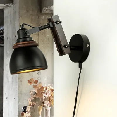 Produktbild von Wandlampe mit Stecker Kabel E14 verstellbar Metall Holz Schwarz Braun Wandleuchte