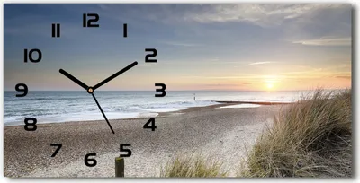 Produktbild von Wanduhr aus Glas – 60x30 cm - Glasbild - Glasuhr - Gehärtetes Glas - schwarze-zeiger - Sonnenuntergang und Dünen