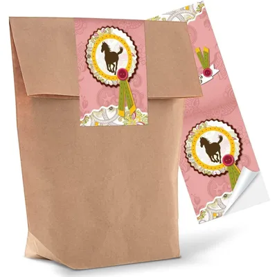 Produktbild von 10 kleine braune Geschenktüten Papier-Tüten + 10 Aufkleber Sticker PFERD 14 x 22 x 5,6 cm rosa pink Mädchen Mitgebsel give-away Pferdefan Kinder-Geburtstag Geschenk-Verpackung Kindertüte10 Stück