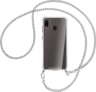 Produktbild von Handykette Backcover-Schutzhülle mit Band (Metall silberfarben) für Samsung Galaxy A20e - silberfarbene Kette