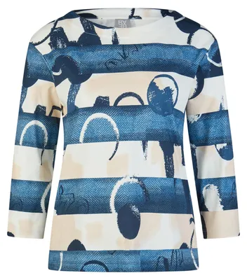 Produktbild von Rabe Damen T-Shirt Dunkelblau Größe 36 mit U-Boot-Ausschnitt, 3/4-Ärmeln, überschnittenen Schultern und Ringel-Print