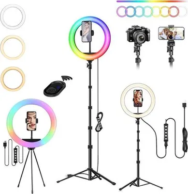 Obrázok produktu pre LED kruhové osvetlenie pre smartfón – 3-dňové osvetlenie + 47 režimov RGB – výška 160 cm – s možnosťou stmievania – selfie, líčenie, TikTok