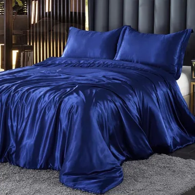 Immagine prodotto di Set di lenzuola in raso satinato, colore blu, dimensioni 200x200 cm: 1 copripiumino 200x200 cm, 2 federe 80x80 cm, con cerniera